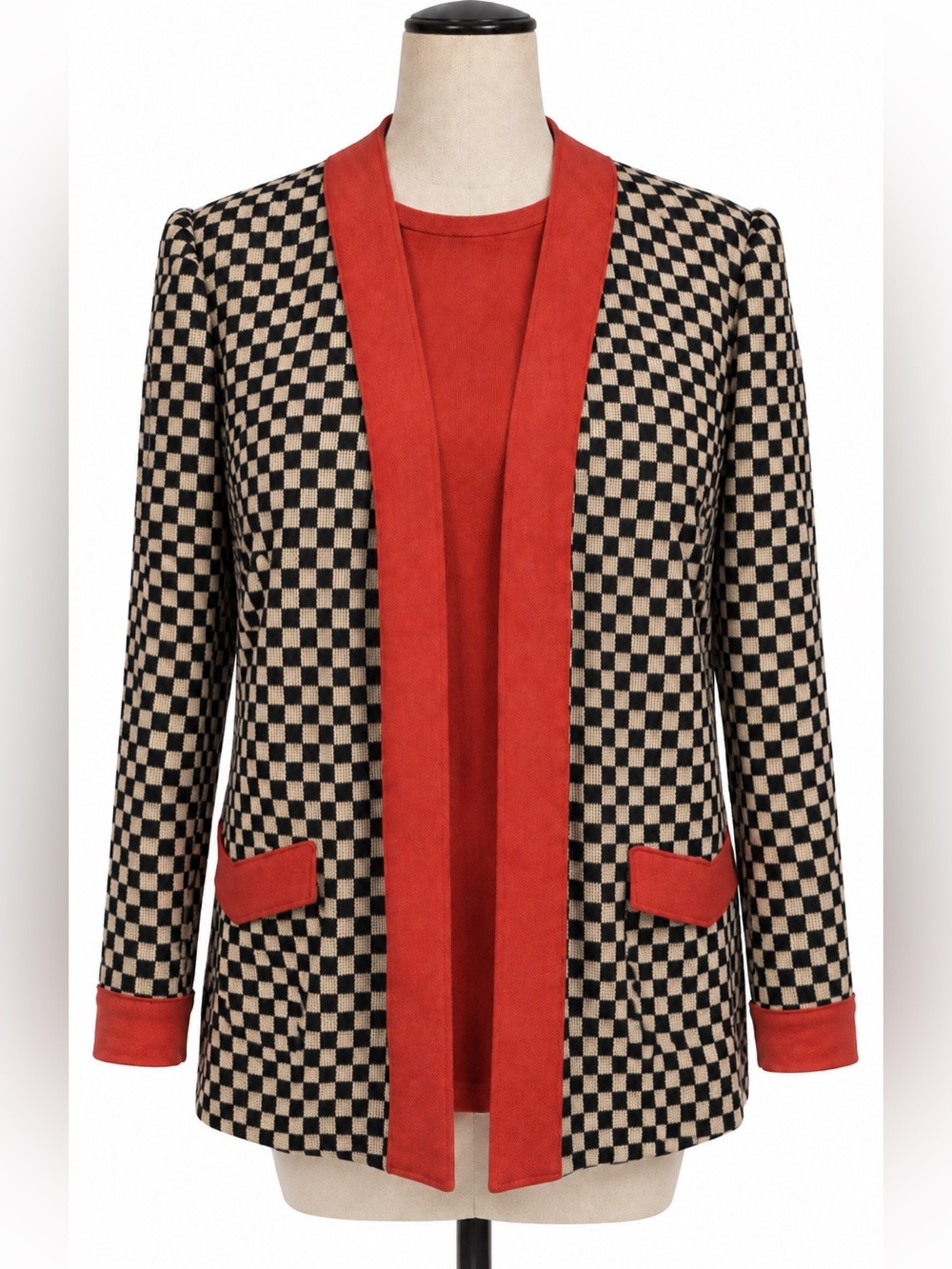 Vintage checkered black, White & red jacket blazer and red zip top w/ pocket- M